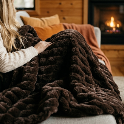 Nova Plush Faux Fur Throw in Dark Brown, cozy cabin
