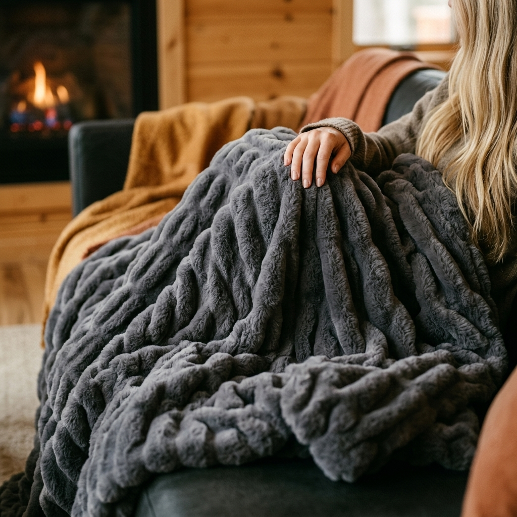Nova Plush Faux Fur Throw in Gray Heavyweight Double-Sided, cozy cabin
