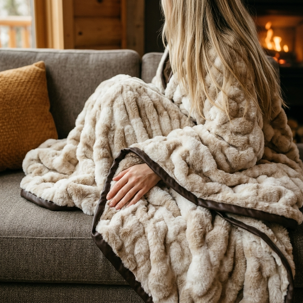 Nova Plush Faux Fur Throw in Beige Tie-Dye, cozy cabin