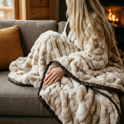 Nova Plush Faux Fur Throw in Beige Tie-Dye, cozy cabin