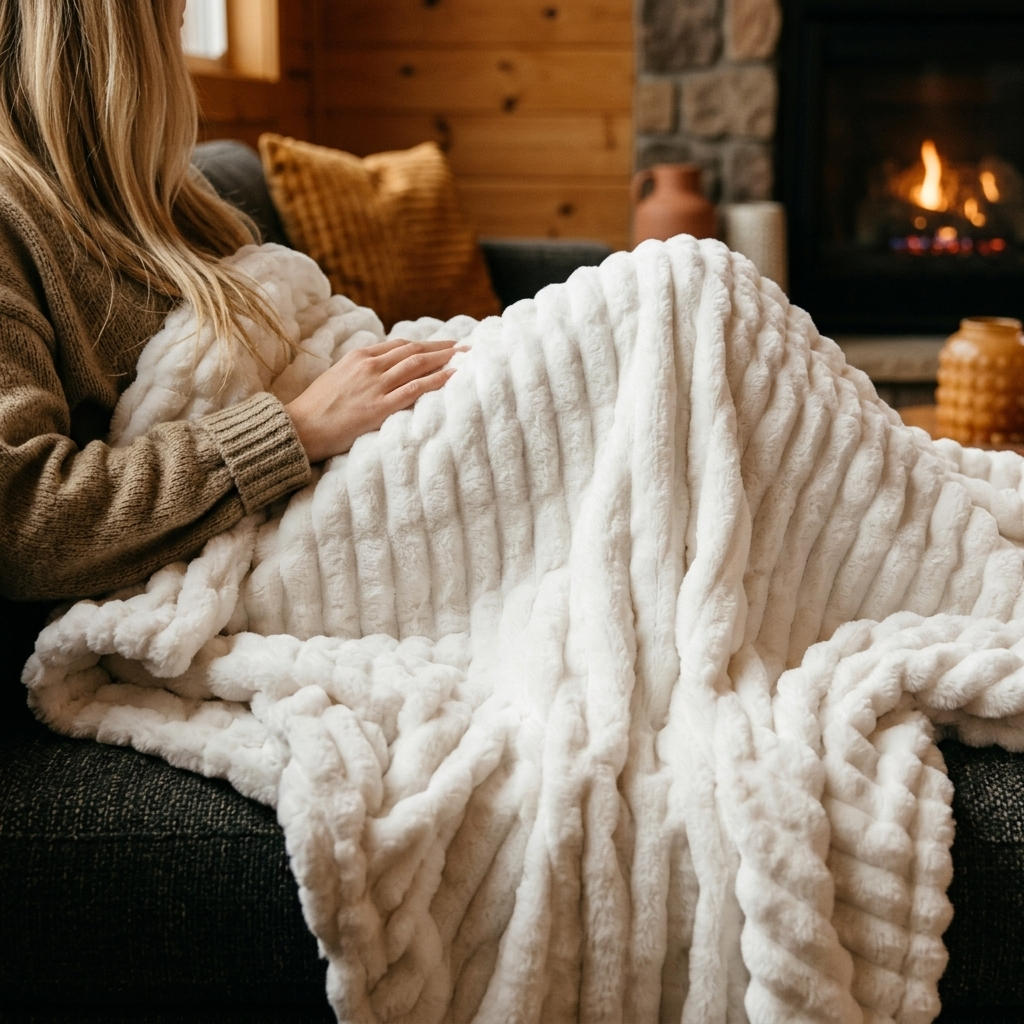 Nova Plush Faux Fur Throw in White Heavyweight Double-Sided, cozy cabin