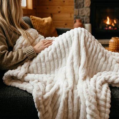 Nova Plush Faux Fur Throw in White Heavyweight Double-Sided, cozy cabin