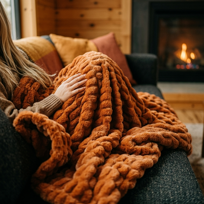 Nova Plush Faux Fur Throw in Orange Heavyweight Double-Sided, cozy cabin