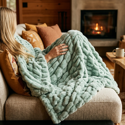Nova Plush Faux Fur Throw in Mint Green Heavyweight Double-Sided, cozy cabin