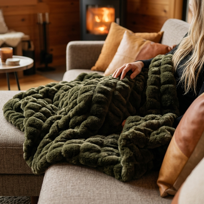 Nova Plush Faux Fur Throw in Military Green Heavyweight Double-Sided, cozy cabin
