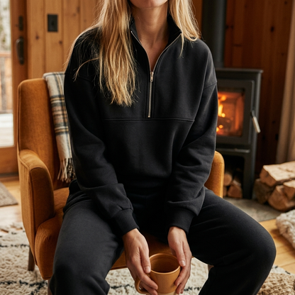 Harper Cozy Half Zip Lounge Set in Black, cozy cabin
