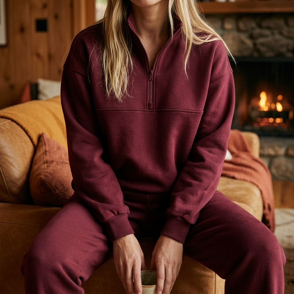 Harper Cozy Half Zip Lounge Set in Wine Red, cozy cabin