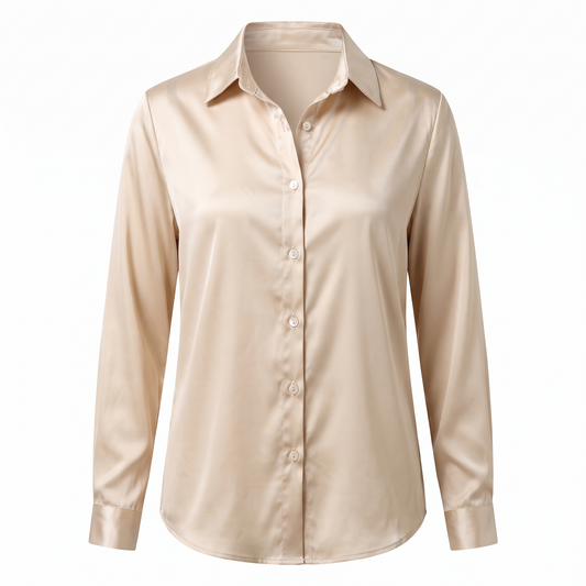 Rosalie Silky Satin Button Up Blouse in Champagne