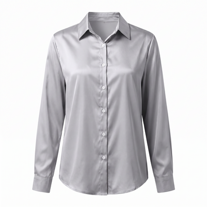 Rosalie Silky Satin Button Up Blouse in Silver Gray