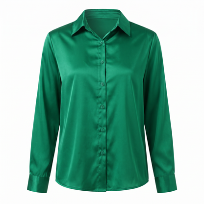 Rosalie Silky Satin Button Up Blouse in Green