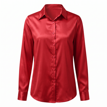Rosalie Silky Satin Button Up Blouse in Red
