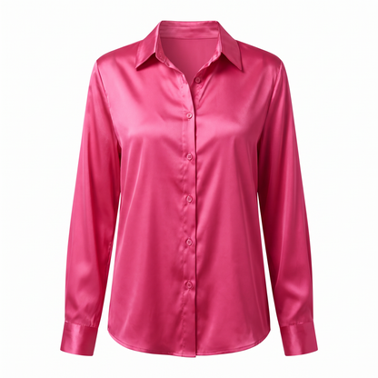 Rosalie Silky Satin Button Up Blouse in Rose Red