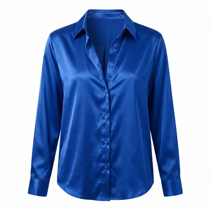 Rosalie Silky Satin Button Up Blouse in Royal Blue