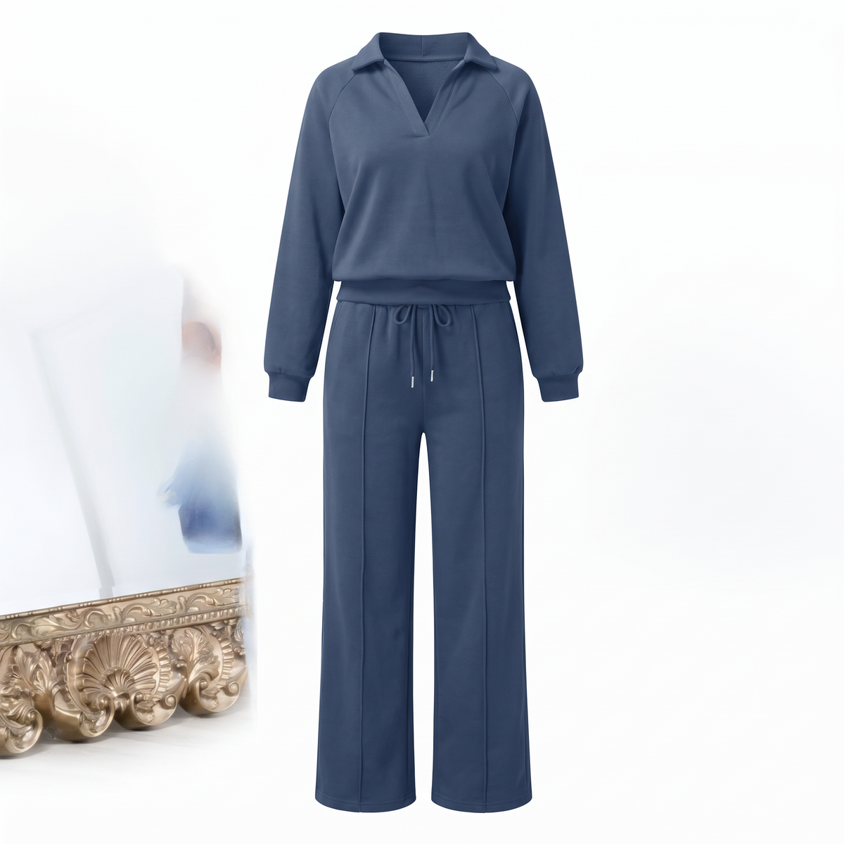 Mara Cozy Collared Lounge Set in Navy Blue