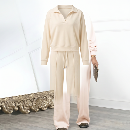 Mara Cozy Collared Lounge Set in Cream