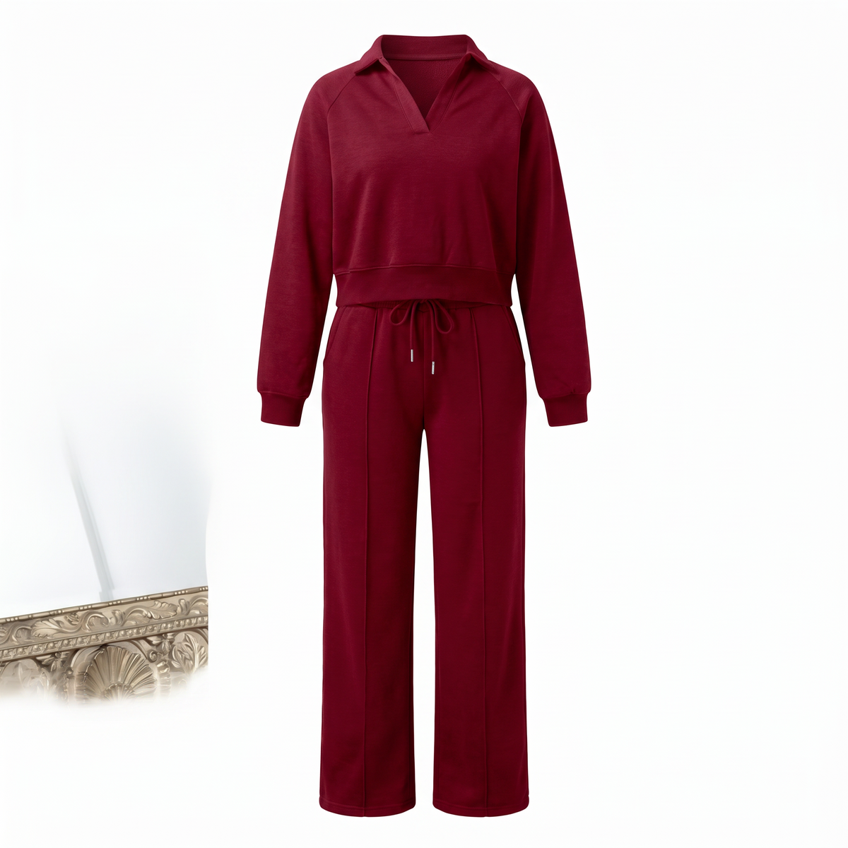 Mara Cozy Collared Lounge Set in Wine Red
