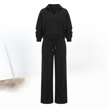 Mara Cozy Collared Lounge Set in Black