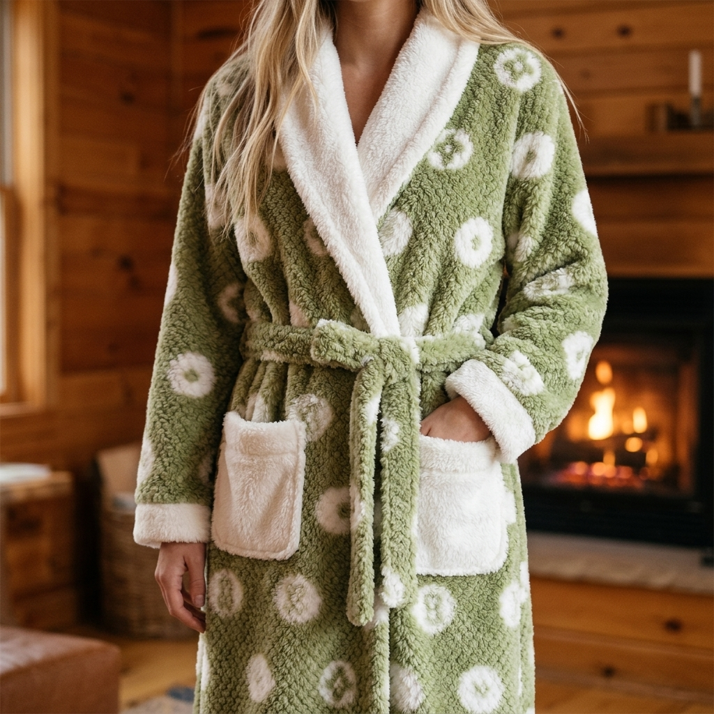 Haven Cloud Robe in Green Daisy, cozy cabin